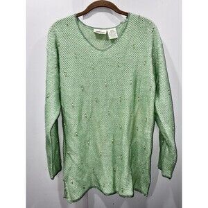 Vintage Textured Knit Ramie Cotton Embellished Sweater Mint Green Picot Hem Sz M